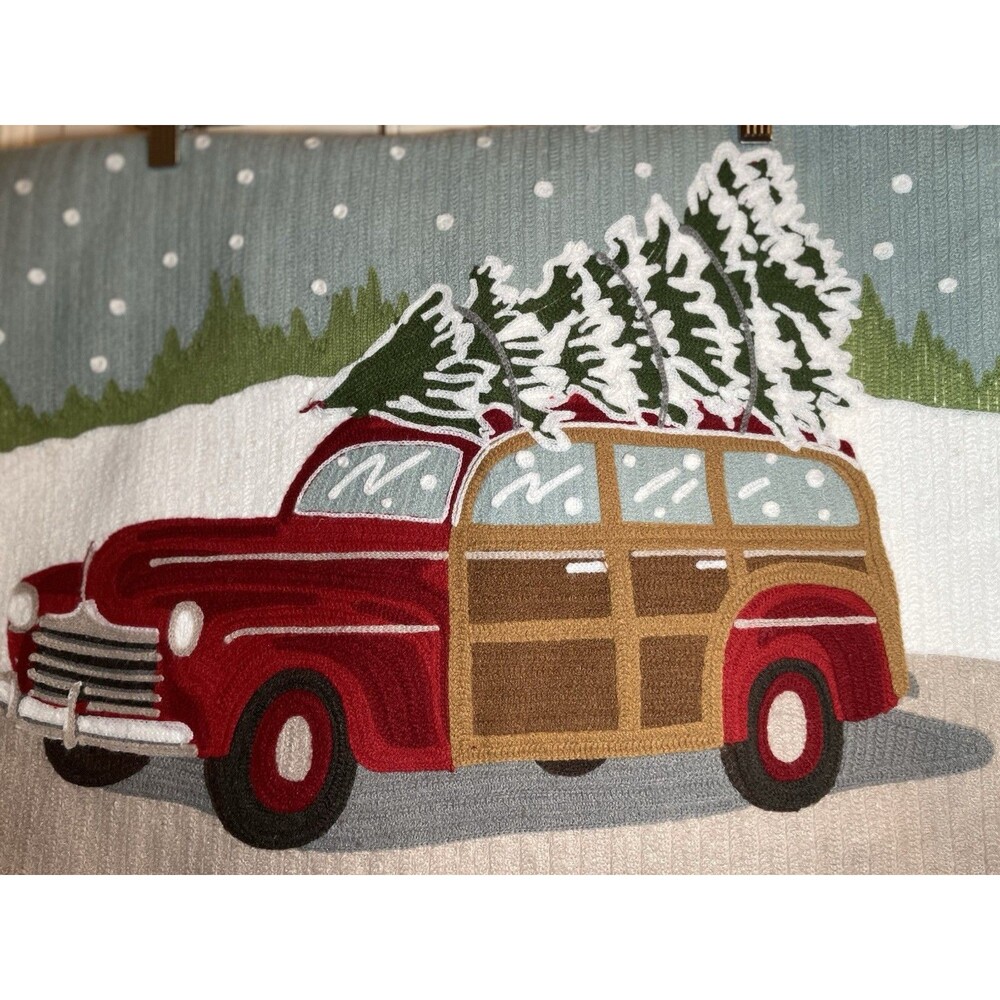 Pottery Barn Christmas Woody Wagon Car Truck Crewel Embroidered Cover 16x26